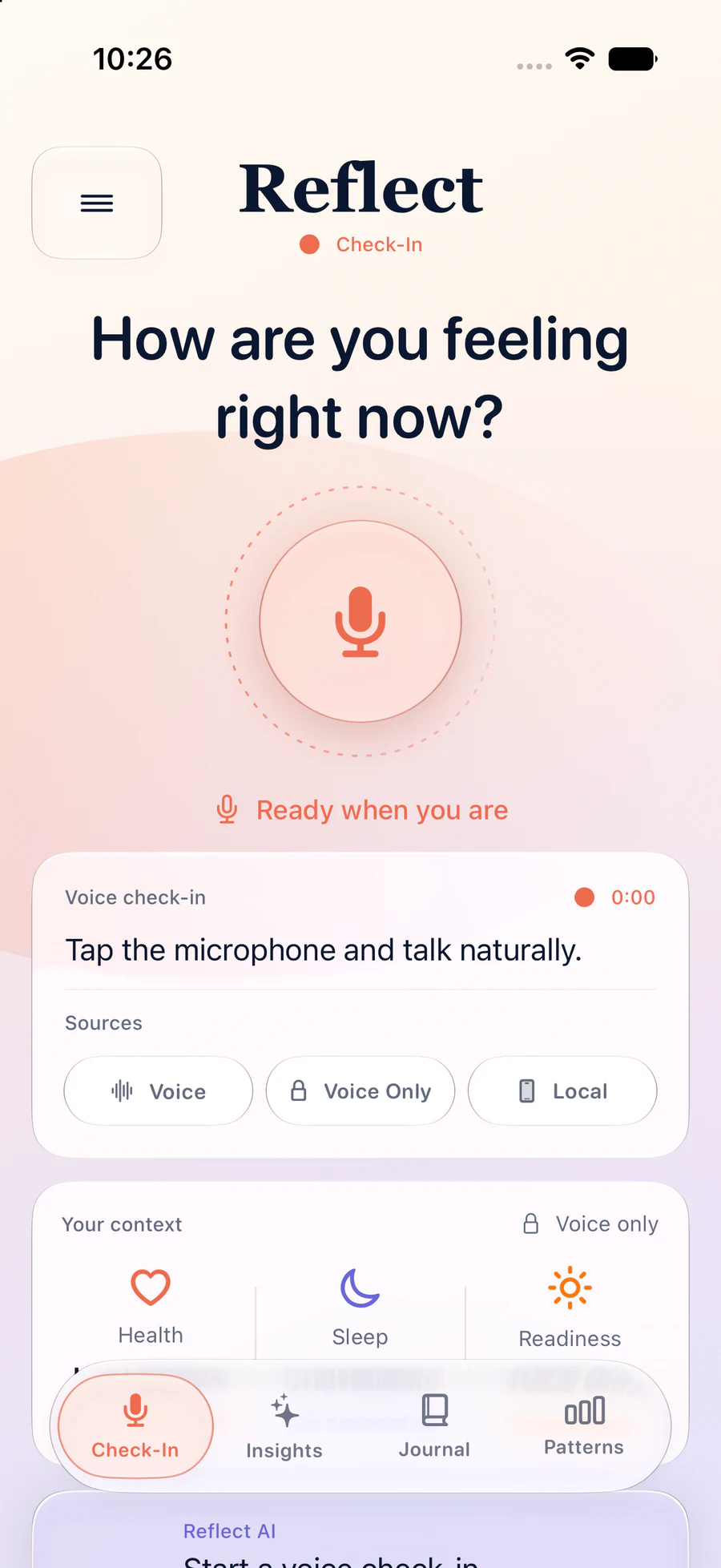 Reflect Check-In screen with a voice recording prompt