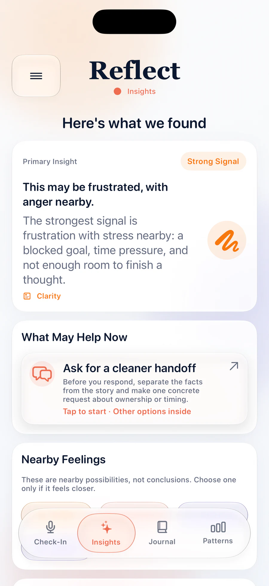 Reflect Insights screen showing a possible emotional insight and useful next steps
