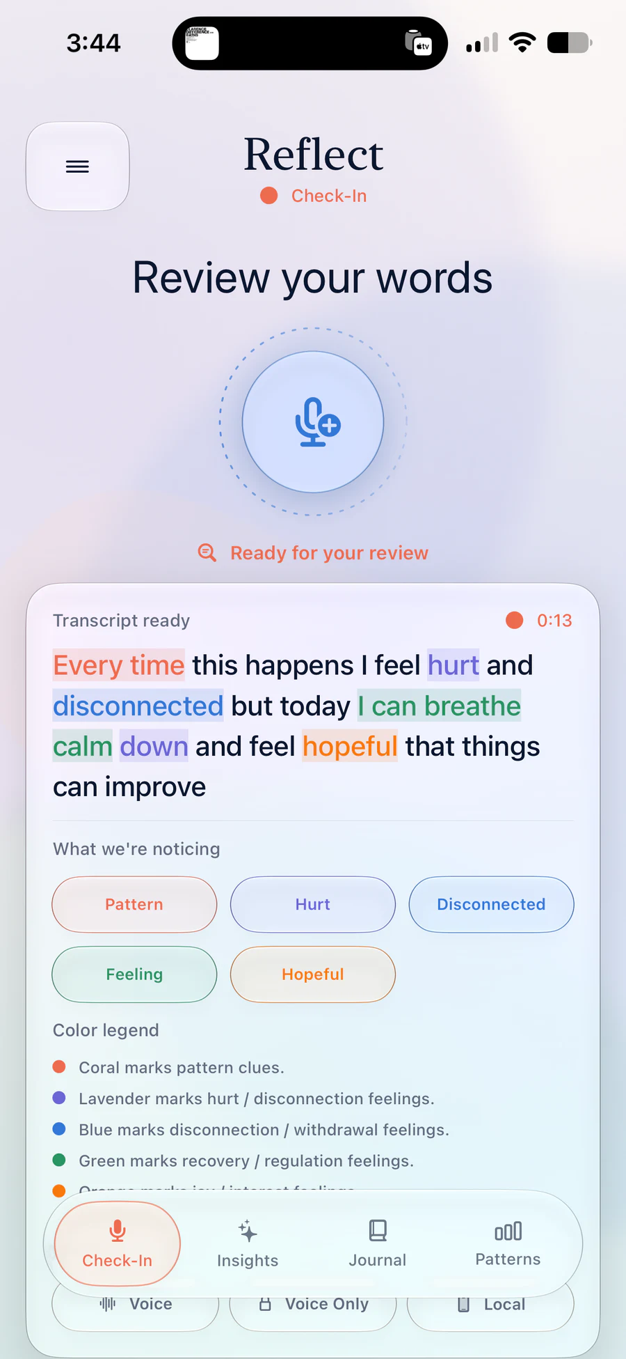 Reflect review screen with highlighted words and feeling clues
